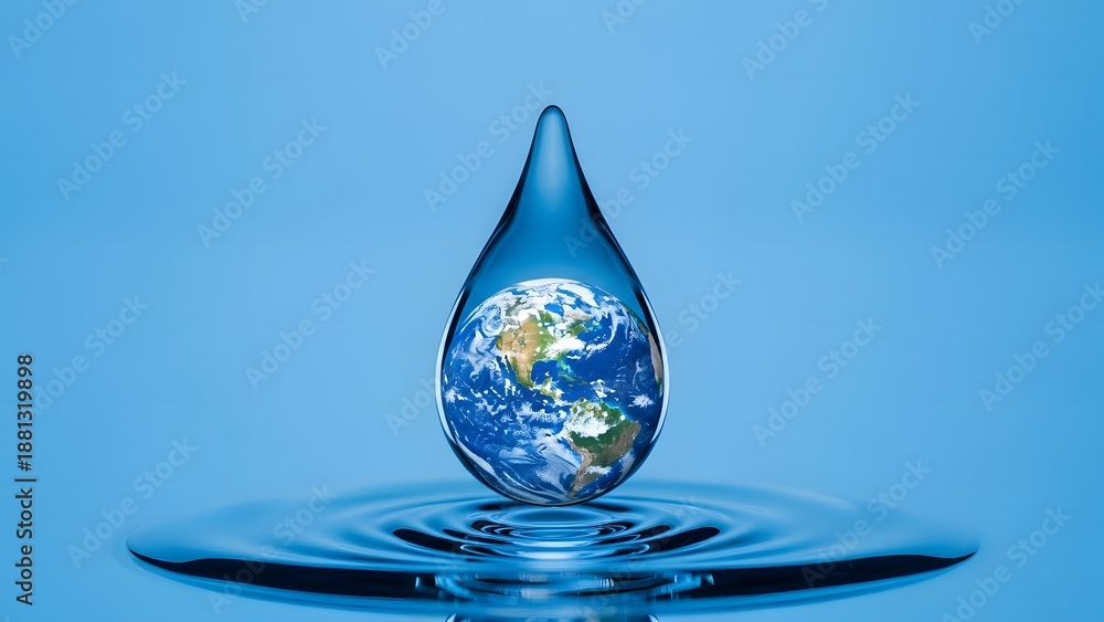 Obraz premium A single droplet of water reflects the Earth, symbolizing environmental conservation and the preciousness of our planet's resources