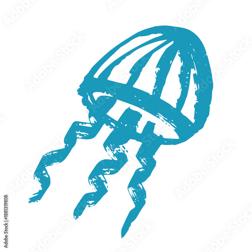 Hand drawn blue jellyfish doodle Sea animal illustration Cute marine underwater creature Medusa sketch clipart Single element for web, design, decor, children's print