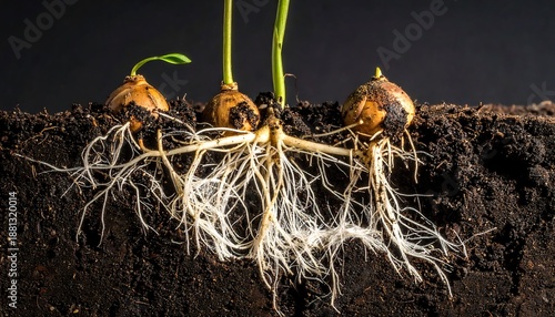 Onion bulbs with extensive root systems growing in dark soil.