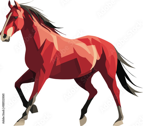 Stylized Red Horse Galloping Side View - Geometric Low Poly Vector Illustration Isolated on White Background