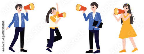 Marketing Campaign Illustration with Business People Promoting Message Using Megaphone in Modern Flat Style