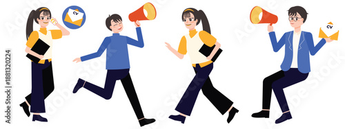 Team Communication Illustration with Business People Walking and Speaking Using Megaphone in Modern Flat Design