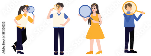 Business Communication Illustration with People Searching Information and Making Announcement Using Megaphone