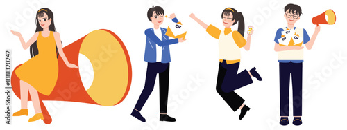 Business People Promotion Illustration with Megaphone, Marketing Communication and Advertising Activity in Flat Style