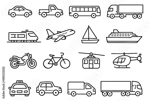 Line art transportation vehicles set featuring various modes of transport for travel, logistics, and delivery concepts