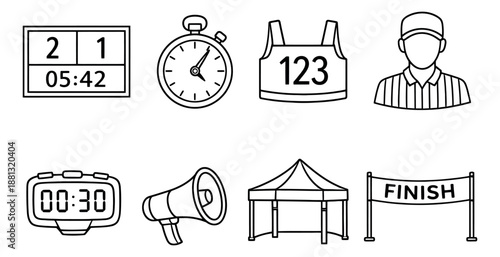 Hand drawn line art sports event icon set featuring race timing devices, a referee, and event equipment for competition