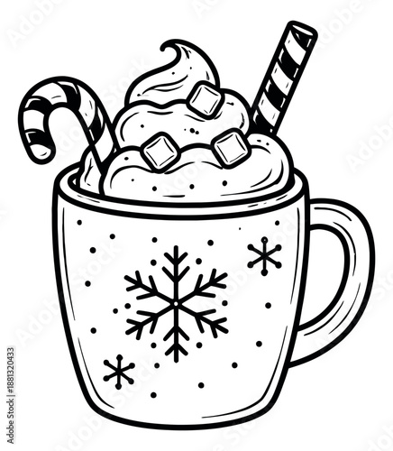 Hand drawn line art illustration of a hot chocolate mug depicting whipped cream, candy cane, and a wafer stick for winter holidays