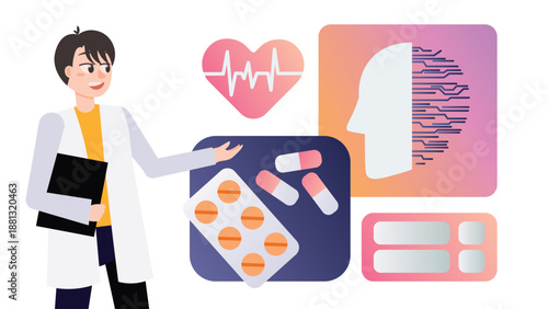 Doctor Explaining Patient Diagnosis and Medical Test Results Using Digital Healthcare Presentation Illustration