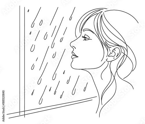 Hand drawn line art illustration of a woman depicting gazing at falling rain for weather and emotional concepts