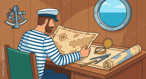 Sailor Navigating with Map
A flat vector illustration of a sailor reading a navigation map or chart. Compass and tools visible. Flat vector style, exploration and planning theme.