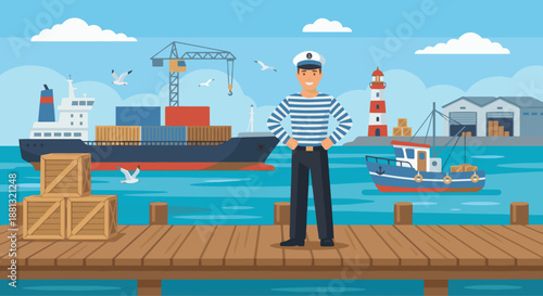 Sailor at Harbor
A flat vector illustration of a sailor standing at a harbor or dock. Ships and crates visible in the background. Flat vector style, port environment.
