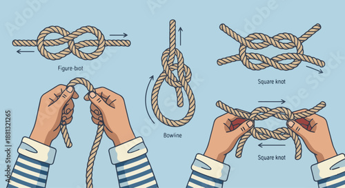 Sailor Tying Nautical Knots
A flat vector illustration of a sailor tying nautical knots with rope. Focus on hands and rope. Flat vector style, instructional and clean.