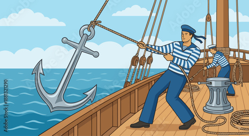 Sailor Raising Anchor
A flat vector illustration of a sailor raising or handling an anchor with ropes. Deck details simplified. Flat vector style, occupational maritime scene.