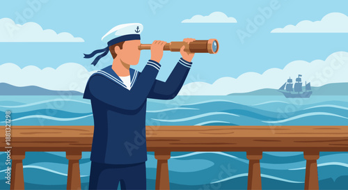 Sailor Looking Through Telescope
A flat vector illustration of a sailor using a telescope to look toward the horizon. Ship rail and sea visible. Flat vector style, exploration and navigation mood.