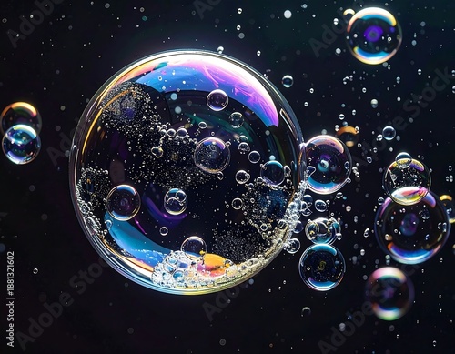 A large iridescent soap bubble surrounded by smaller bubbles on a dark background