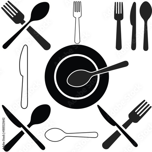 Minimalistic Black and White Cutlery Set with Fork, Knife, Spoon, and Plate