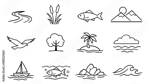 Hand drawn line art nature icons set featuring landscape, flora, and fauna elements for environmental, outdoor, or travel designs
