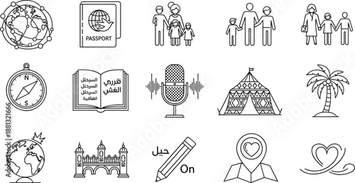 Travel and culture line icon set with passport, globe, family, compass, book, microphone, tent, palm tree and map marker in outline style