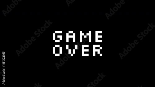 Game over glitch in white on black background. Suitable for graphic design, gaming concept illustrations, and retrothemed projects.