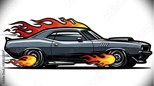 Classic American Muscle Car with Flames.