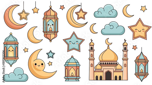 Ramadan Kareem Cute Moon Stars Lanterns Mosque Clouds Collection