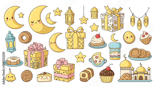 Ramadan Kareem Cute Moon, Gifts, Lanterns, Sweets, Mosque Icons