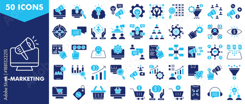 e-marketing icon set collection. icon set contain advertising, branding, awareness, campaign, strategy, optimization, analytics, conversion, engagement, promotion. simple vector illustration.