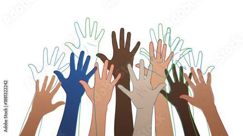 Many diverse hands reaching up together in unity.