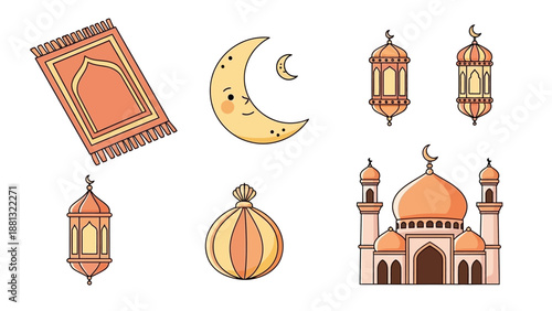Ramadan Kareem decorative elements: mosque, crescent moon, lanterns, prayer rug