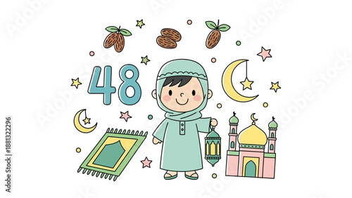 Ramadan Kareem Illustration: Boy with Lantern, Dates, Mosque, Prayer Mat, Moon and Stars