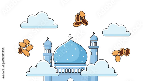 Ramadan Kareem illustration: Mosque with dates and clouds, Islamic celebration, Iftar meal concept