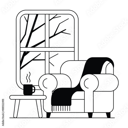 Cozy winter scene featuring armchair window side table with coffee cup blanket home interior design relaxation cold season indoor comfort