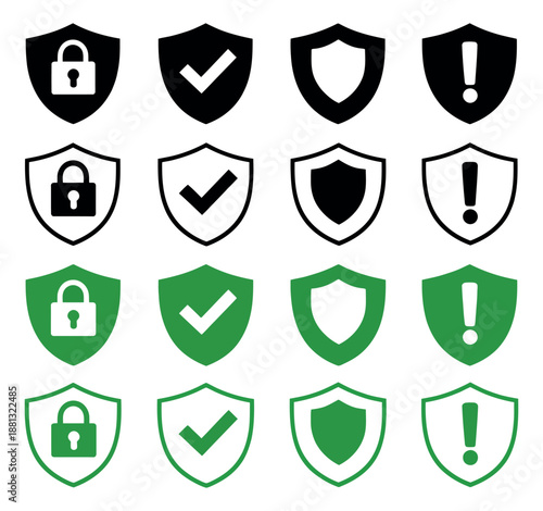 Clean icon set featuring security shields with lock, checkmark and exclamation mark symbols for web and app interface design