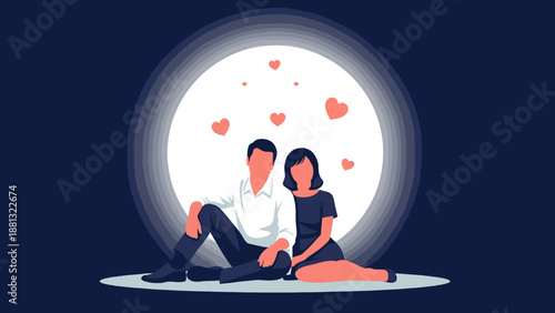 Loving couple sitting in front of a full moon with hearts