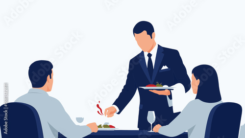 Waiter serving food to couple at restaurant table