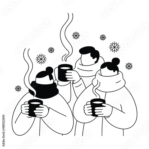 Three people stand closely together wearing winter coats scarves and hats while holding warm steaming mugs in black and white art