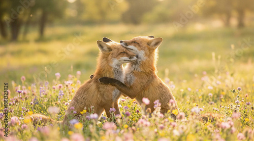 Playful foxes embrace in a wildflower meadow nature photography serene environment captured close-up