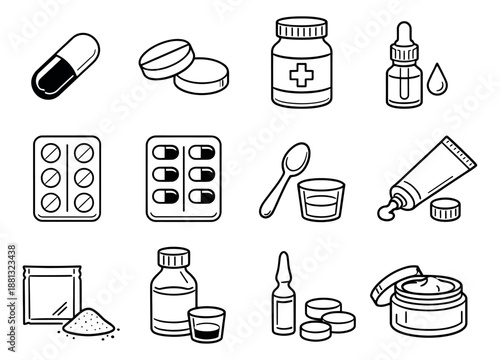 Line art medical icons set featuring pills, bottles, syringes, and other pharmaceutical products for healthcare applications