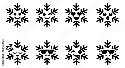 Cute line art snowflake emoji set featuring various emotional expressions for winter designs