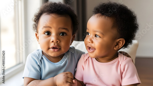 Close up portrait of two adorable black twin babies sitting together looking curious with soft lighting