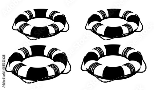 Close-Up Realistic Life Buoy Vector Icon Set Red White Circular Lifesaver Illustration