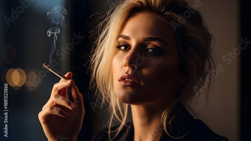 A cinematic portrait of a blonde woman with smokey eye makeup holding a lit cigarette with rising smoke