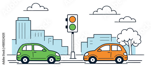 Hand drawn line art illustration of cars and a traffic light depicting urban traffic for city transportation