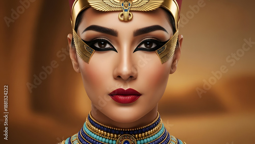 A close up portrait of a woman wearing traditional ancient Egyptian style makeup and gold jewelry