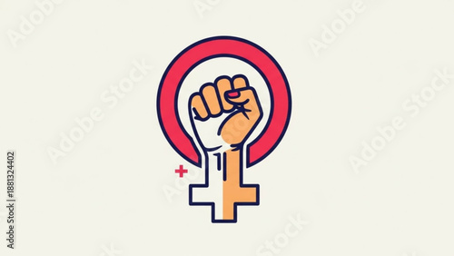 Empowerment symbol raised fist in red circle with female sign on cream background