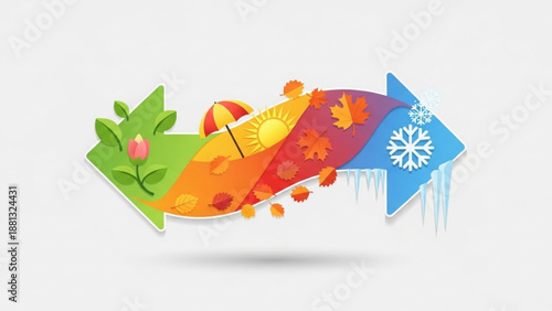 Seasonal transition graphic with arrows for summer autumn and winter representing change and weather