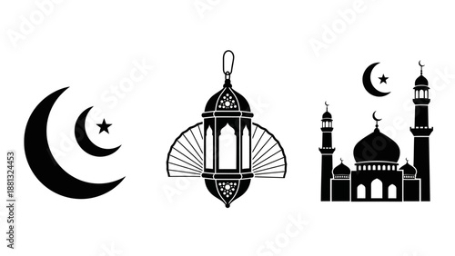 Islamic Symbols: Crescent Moon, Star, Lantern, Mosque Silhouette - Ramadan Kareem