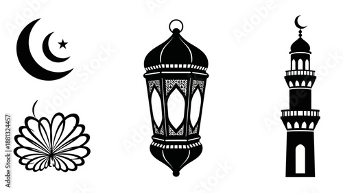 Islamic Symbols: Crescent Moon, Star, Lantern, Mosque Silhouette for Ramadan and Eid