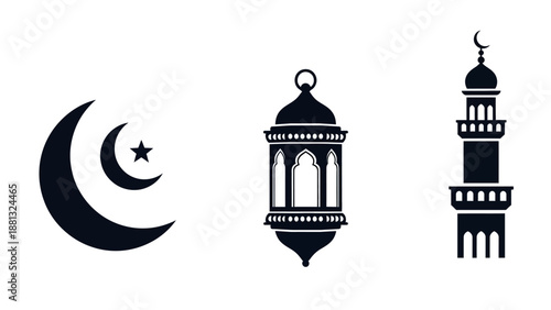 Islamic Symbols: Crescent Moon, Star, Lantern, Minaret. Ramadan Icons.