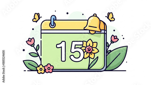 Colorful calendar page with date 15 flowers butterflies and bell on white background symbolizing springtime organization and planning